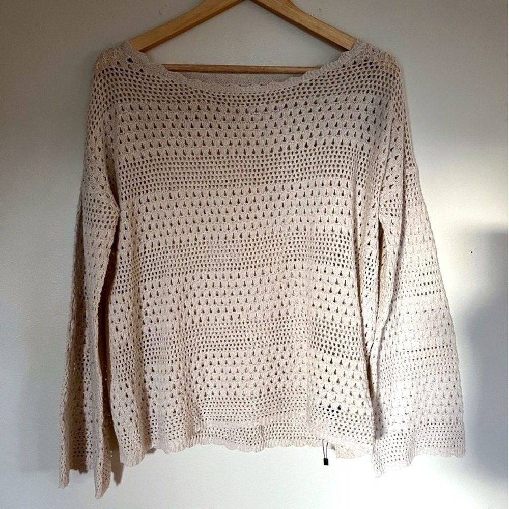Crochet Knit Sweater Cream Size Small Open Weave Boat Neck Boho